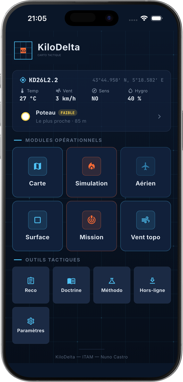 L'application KiloDelta : accueil avec carreau DFCI, météo, indice feu et modules