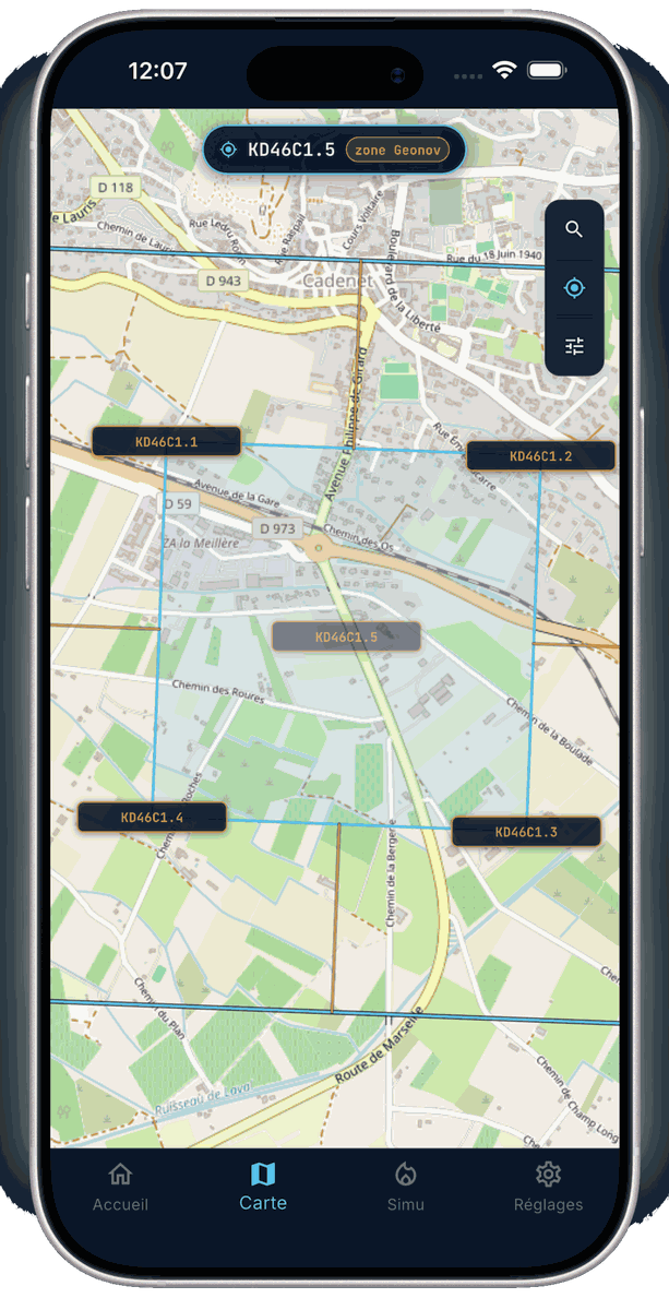 La carte KiloDelta sur Cadenet : carreau KD46C1.5 affiché en haut, zone Geonov centrale et ses quatre quadrants tracés sur fond OpenStreetMap