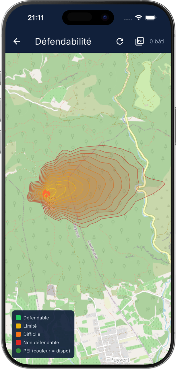 Écran Défendabilité de KiloDelta : isochrones de la simulation sur la carte, bouton d'export PDF, légende Défendable, Limité, Difficile, Non défendable et PEI
