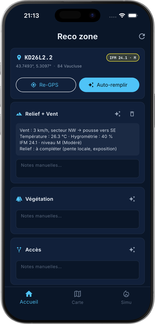 Écran Reco zone de KiloDelta : carreau DFCI KD26L2.2, pastille IFM, boutons Re-GPS et Auto-remplir, facteur Relief + Vent rempli, champs de notes manuelles