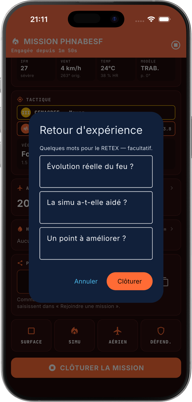 Fenêtre Retour d'expérience à la clôture d'une mission : trois champs facultatifs, boutons Annuler et Clôturer