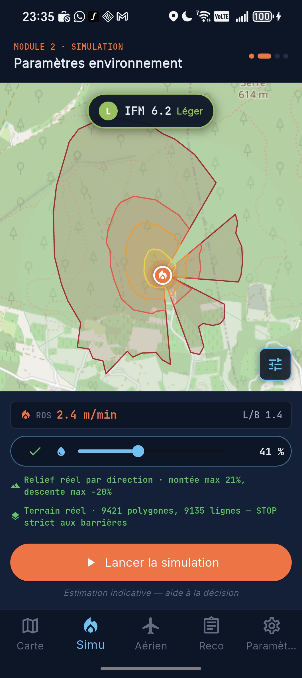 Capture d'écran KiloDelta Module Simulation : polygones de propagation, IFM 6.2 Léger, ROS 2.4 m/min, paramètres environnement